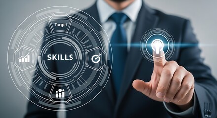 Professional businessman activating digital skills interface, visualizing target achievement, ideal for corporate training or modern business solutions