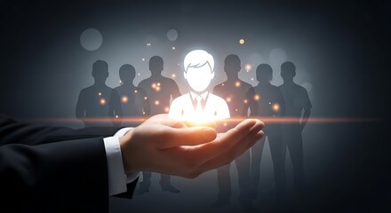 Hand holding glowing talent leader in front of team, symbolizing human resources management and employee selection for business success and growth strategy
