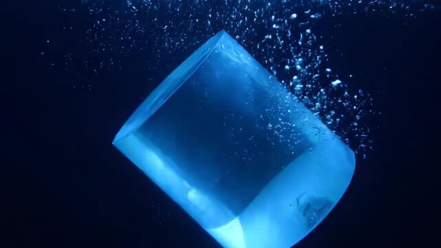 Abstract underwater depiction with a translucent cube dissolving or floating with bubbles