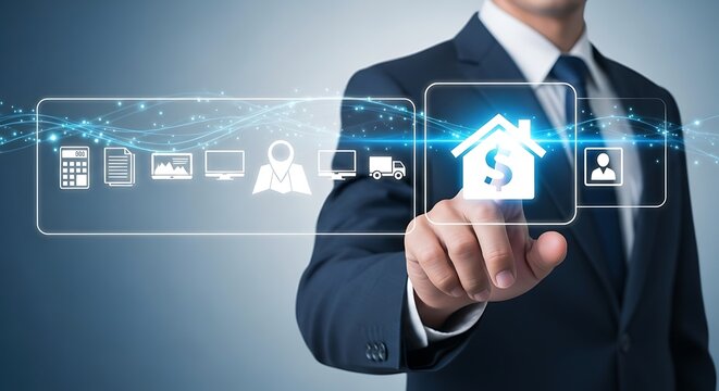 Modern businessman touching real estate investment icon with digital interface for property management solutions and financial technology showcasing innovation