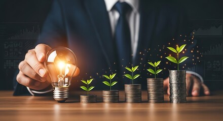 Brilliant financial ideas sparking growth and prosperity, illustrated by rising coin stacks and vibrant green plants symbolizing investment success