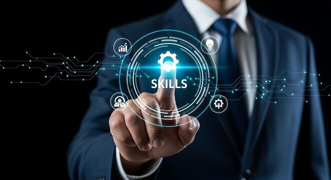 Boost your skills for career growth with a tap, modern technology concept, unlock potential, business success, professional development and learning