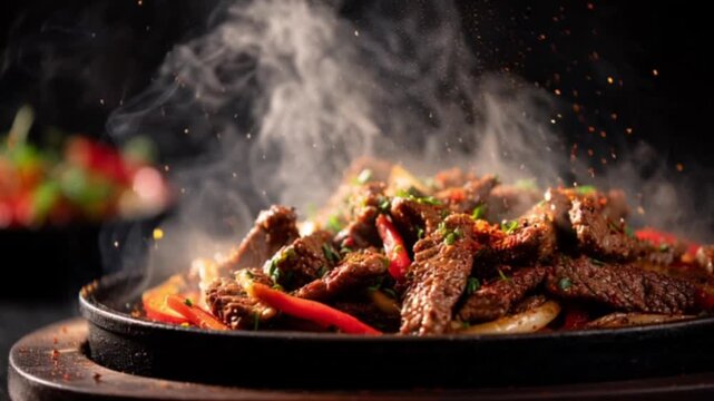 A close-up of a sizzling beef fajita on a hot skillet bursts with vibrant colors, flying ingredients, and smoky aroma, capturing the dramatic motion, explosive flavors, and festive Tex-Mex energy