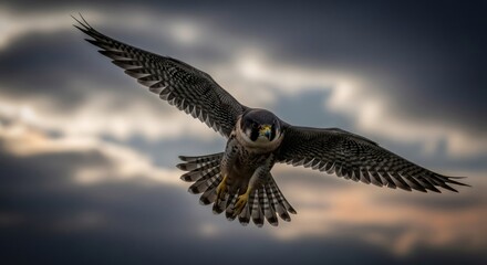 Obraz premium Falcon in flight with wings spread against a dramatic sky. Wild bird of prey hunting or soaring freely over its territory. Nature concept.