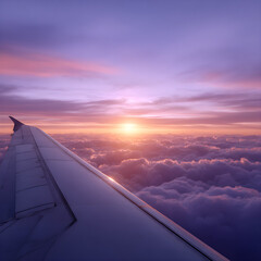 Dreamy Airplane View Sunlight Kissing Clouds in a Purple Sky during Flight  above fluffy Clouds