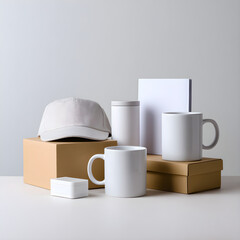 Merchandise Mockup featuring Mugs, Box and Cap on light background for Product Presentation