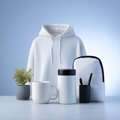 Stylish White Mockup Scene Featuring Hoodie, Mug, Backpack and Stationery