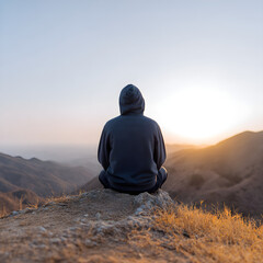 Silhouette of a Person in Meditation, Contemplating Sunrise on a Mountain Peak