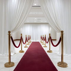 Elegant Red Carpet Event Entrance with Golden Stanchions and Flowing White Curtains Setup