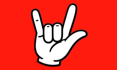 Obraz premium Bold Cartoon Hand Gesture Showing Rock and Roll Symbol on Vibrant Red Background