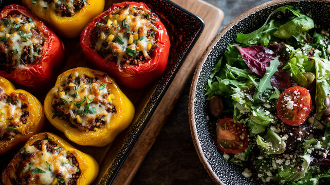 Stuffed Peppers wit a Salad, Top Down View