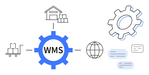 Obraz premium Warehouse gear symbolizing WMS, distribution connections to warehouse, pallet cart, globe, task notes. Ideal for logistics, inventory, efficiency, technology process automation themes supply chain