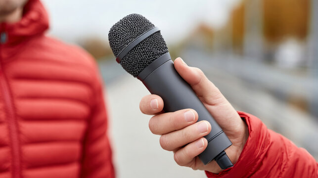 Celebrating international sports journalist day with microphone in outdoor interview scene