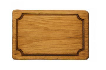 Blank wooden sign board with engraved border and natural wood grain texture for copy space, transparent background