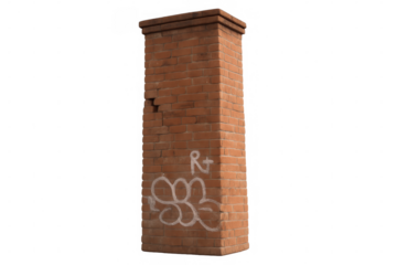 Weathered red brick pillar featuring graffiti and damage, isolated with transparent background