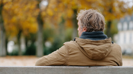 Fototapeta premium Contemplative moment on park bench in autumn