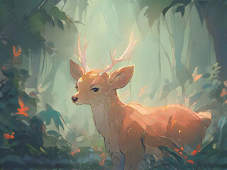 A fantastical scene of deer and morning mist seen deep in the forest
