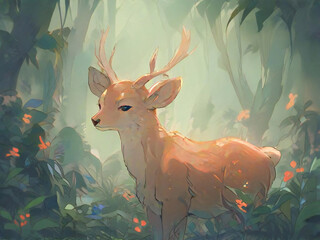 A fantastical scene of deer and morning mist seen deep in the forest