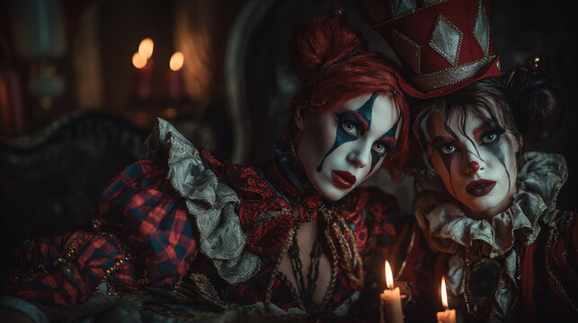 Enigmatic jester clowns with gothic makeup and circus costumes