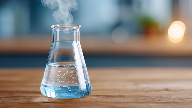 Laboratory experiment with a beaker emitting vapor on a wooden table for educational use