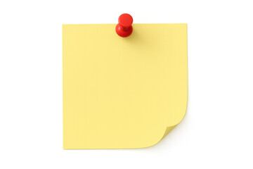 Yellow blank sticky note paper with red pushpin holding a reminder or message, transparent background