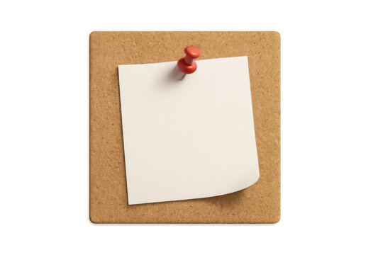 Blank white paper note pinned on a brown cork board, empty reminder message for office or business communication