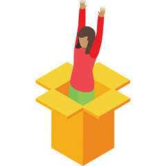 Illustration of a Woman in a Red Top and Green Skirt Popping Out of a Yellow Open Box Against a Transparent Background Expressing Excitement and Joy