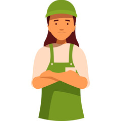 Illustration Of A Woman Wearing A Green Cap And Overalls Standing With Arms Crossed On A White Background
