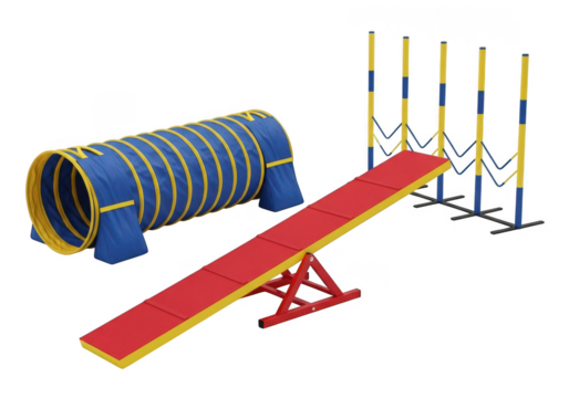 Colorful dog agility course equipment promises fun, training and active lifestyle