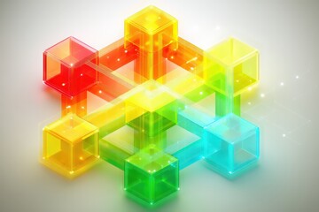 Obraz premium Multicolored geometric shapes illuminated through innovative digital design showcasing a cohesive arrangement of transparent cubes connected by vibrant lines with a captivating visual impact