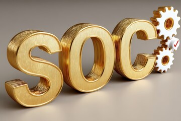 Golden letters spelling SOC symbolizing systematic operational compliance illustrated with cogwheels depicting advanced technological integration in a modern business context
