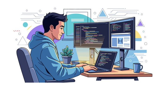 Programmer Working On Coding Project Using Multiple Monitors in Modern Environment