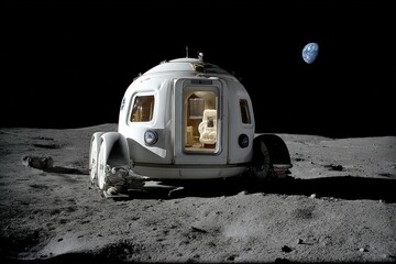 Innovative lunar habitat on the moon's surface showcasing an astronaut in a futuristic setting surrounded by the vastness of space and the Earth visible in the backdrop illustrating human