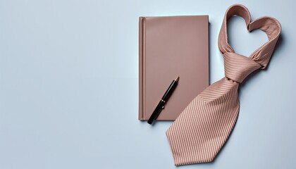 Tie shaped as a heart, pink notebook, and pen on a light blue background, representing appreciation for a dad