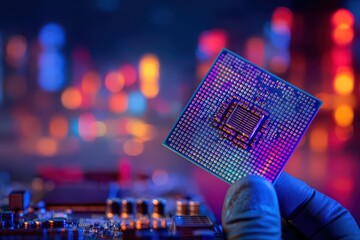 High-tech microprocessor held by skilled technician against vibrant neon backdrop showcasing the intricate design of modern computing technology in a dynamic digital landscape