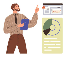 Person pointing toward data graphs, warning alert, and statistics visuals. Ideal for business analysis, data monitoring, decision-making, risk management, presentation, teamwork simple flat metaphor