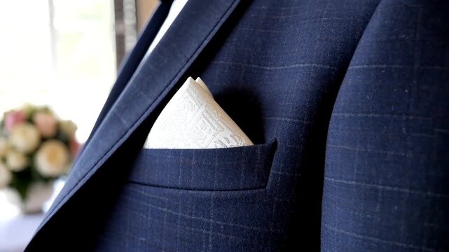 Close-up of a white patterned silk pocket square neatly tucked into the breast pocket of a dark blue checked suit jacket