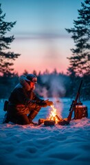 Hunter man warms hands by campfire in snowy winter forest at dusk. Hunting season concept. Cozy recreation outdoors by fiery bon.