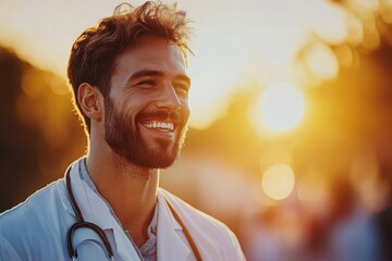 Smiling doctor in white coat enjoying sunset at a busy outdoor medical event