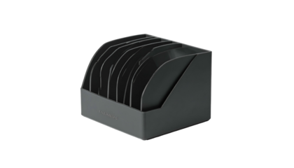 A dark gray angled desktop organizer with multiple vertical slots and a storage bin