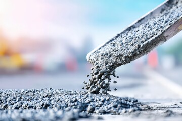Pouring wet concrete from a construction shovel onto a building site expressing industry innovation and precision signaling modern construction techniques and the resilience of urban development