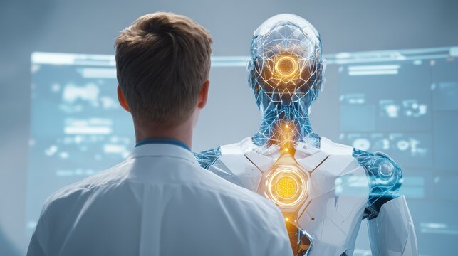 Dark urban scene with a hooded user and a transparent android, illuminated by neon text and circuitry lines.