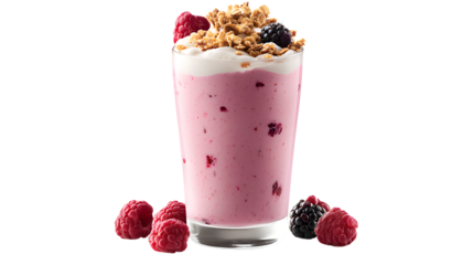 Refreshing berry smoothie with granola and fresh fruit isolated on transparent background