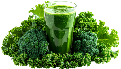Vibrant green smoothie in a glass surrounded by fresh kale and broccoli