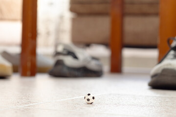 Miniature ball on the floor with blurred shoes and furniture in the background