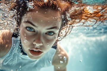 Underwater portrait of a young woman with striking blue eyes and flowing hair