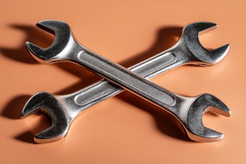 Dual silver wrenches crossed on a smooth, warm background emphasizing industrial craftsmanship and tools as symbols of precision in engineering and repair endeavors