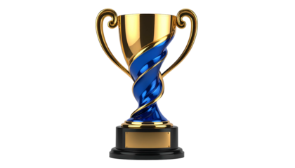 A gold trophy with a blue ribbon design and black base, isolated on black