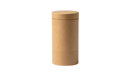 A cylindrical cardboard container with a matching lid stands against a black backdrop