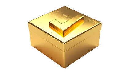 Golden box with checkmark on top, set against a black background, rendered with a metallic sheen